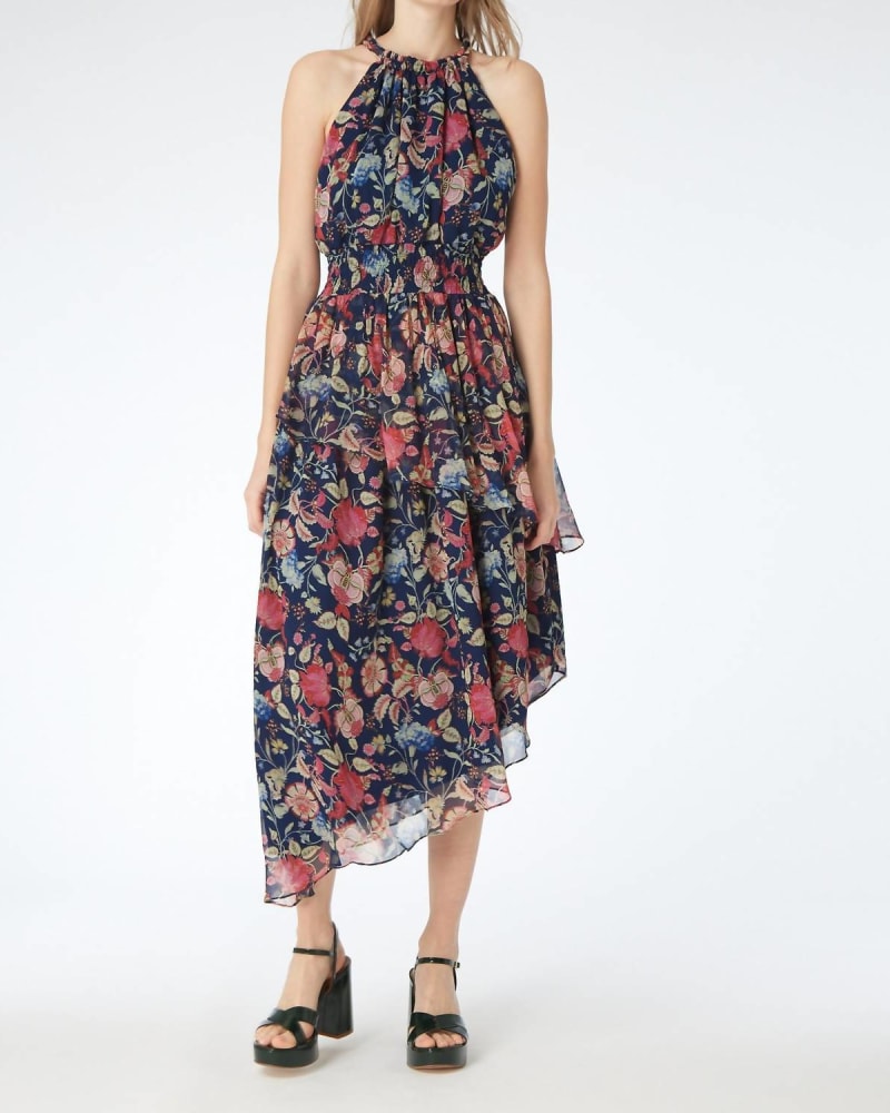 Front of a model wearing a size L Margot Dress in French Tulip in French Tulip by GILNER FARRAR. | dia_product_style_image_id:336258